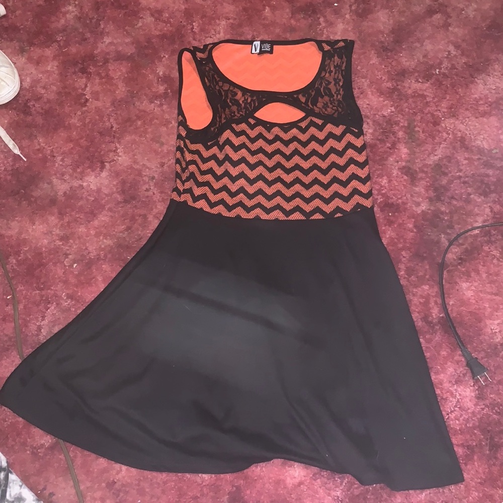 Black and peach/hot pink mini lace dress